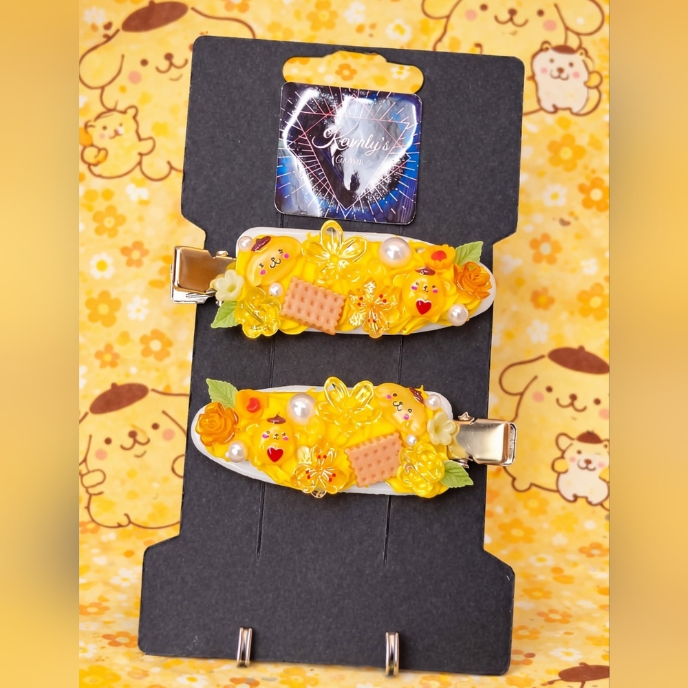 🍮 Pompompurin Decoden Hair Clips – Handmade Set 🍮